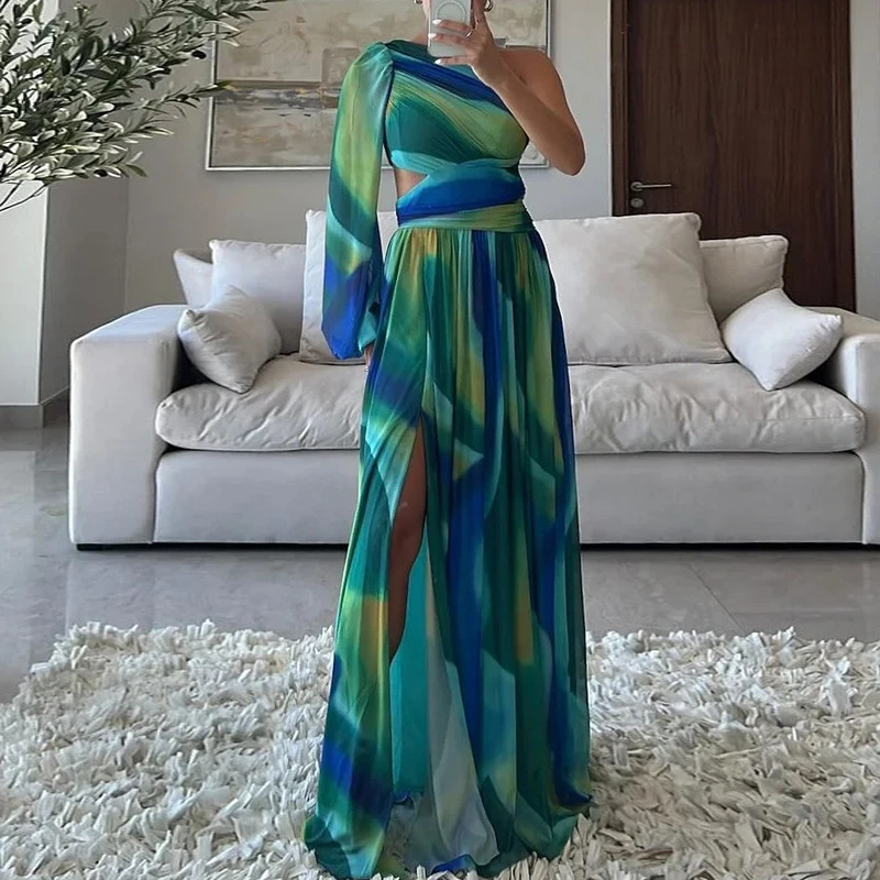 Fashiona asymmetrisk lang kjole med høy midje, høstmønster, trykt plissert kjole med delt del, sexy festkjole med én skulder og ermer