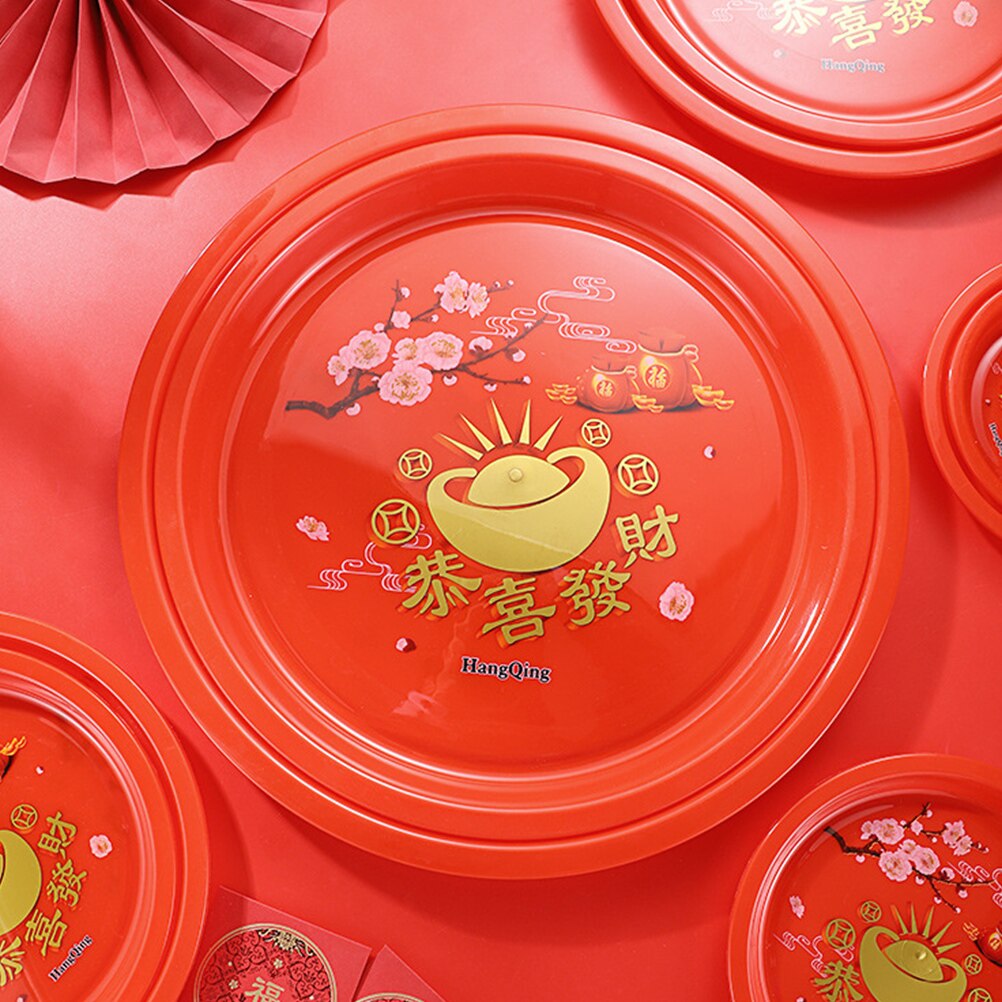 4pcs Food Serving Plate Snack Tray Chinese Style Fruit Plate Tea Storage Plate Chinese Festive Tea Flat Tray Worship The Master