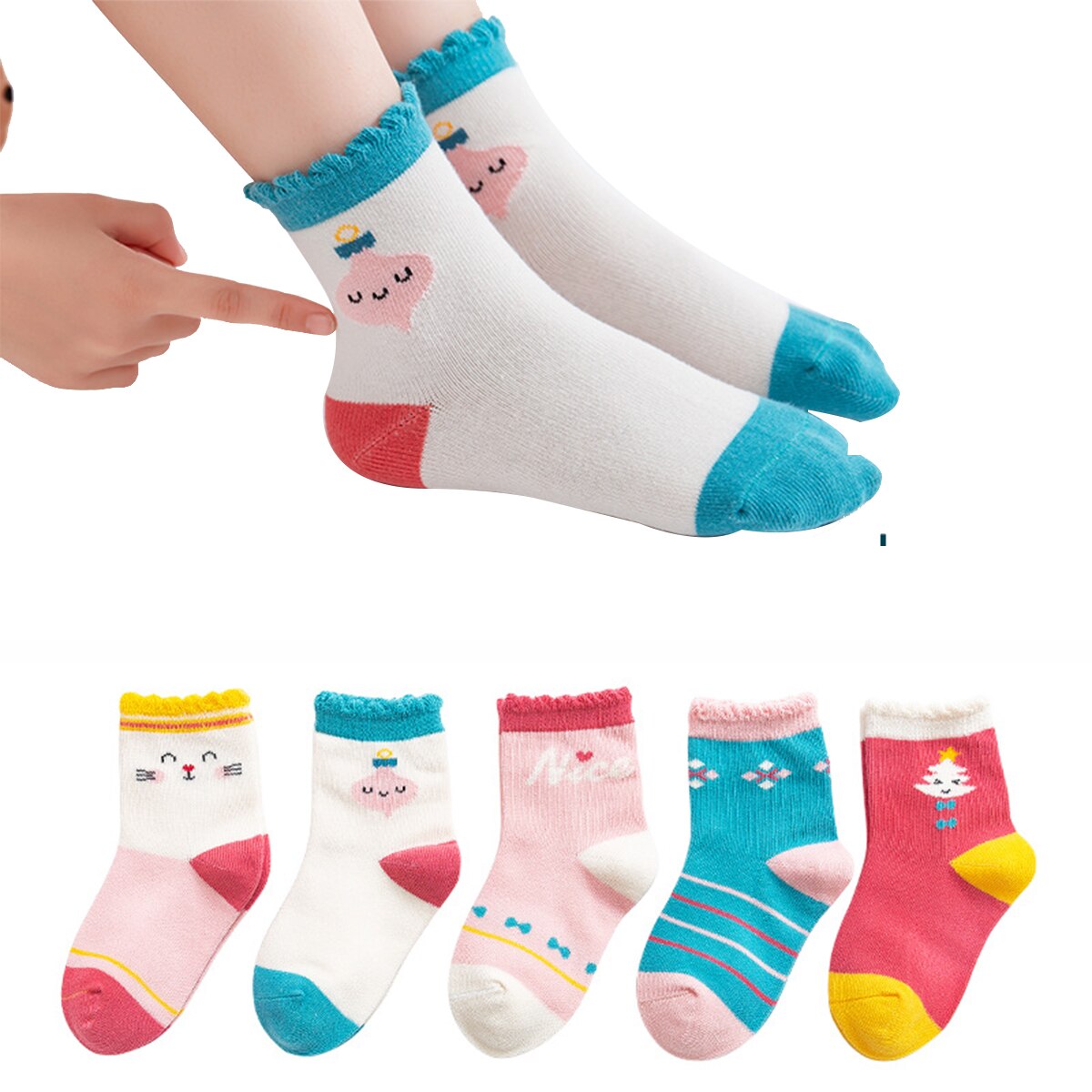 5 par / sæt børn drenge piger sokker efterår vinter søde åndbare blomsterprint sokker piger mellemstore sokker til børn 3-8t