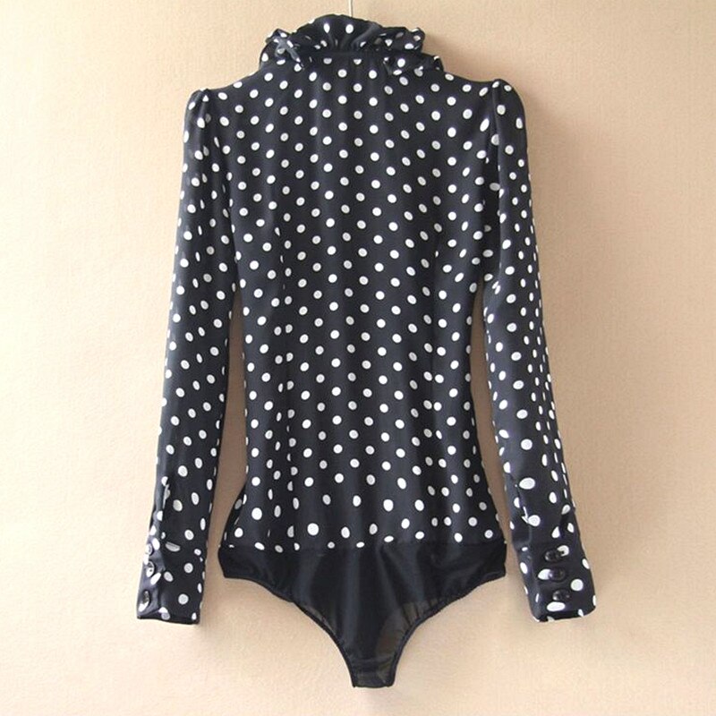 Body noir imprimé à pois pour femme, chemise à manches longues, à volants, style coréen, à la , barboteuse, haut,