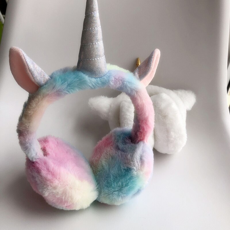 Casque de licorne arc-en-ciel blanc mignon doux filles hiver cache-oreilles femmes accessoires couvre-oreilles chauffe-oreilles protecteurs d'oreille: MULTI
