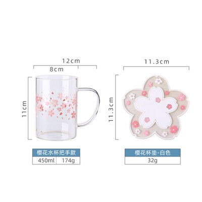 Tasse transparente à fleurs de cerisier, rose, café au lait, verre Sakura résistant à la chaleur, sous-verre Kawaii: E