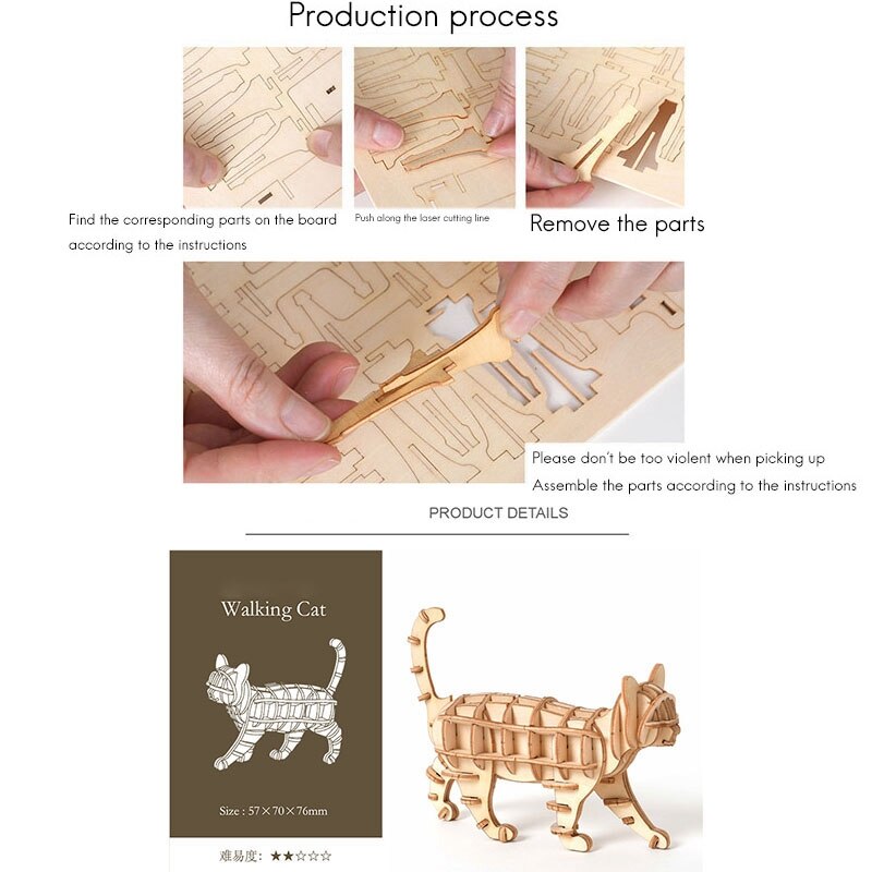 Wooden 3D Puzzle Cute Cat Model Educational Toys Assembly Wood Desk Decoration for Children Kids