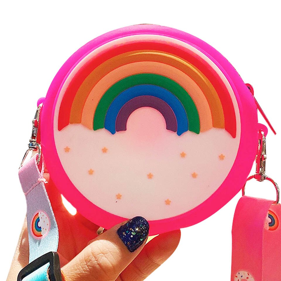 Silicone arco-íris redondo crossbody moeda saco criança menina crianças bolsa de ombro alça ajustável férias viagem bolso pacote: 9