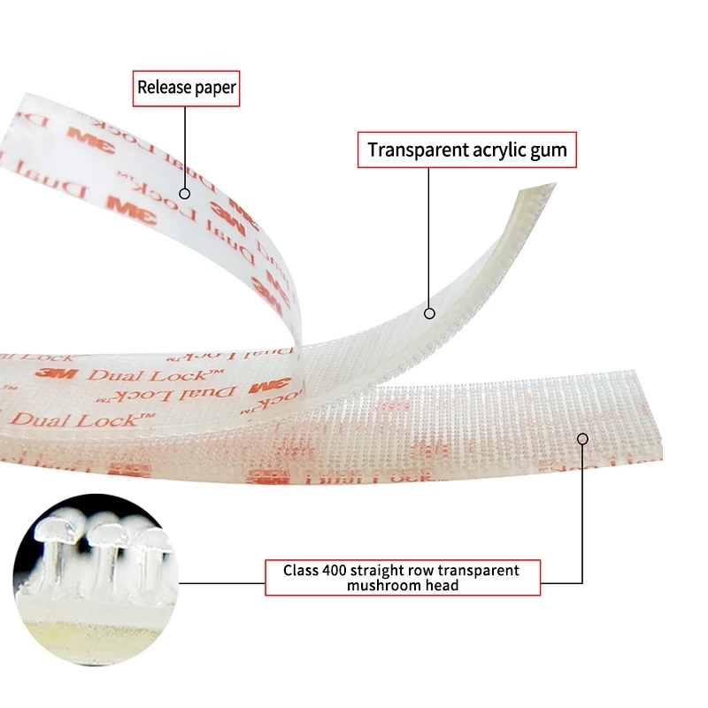 25.4Mm Vhb Dual Lock Hersluitbare Zelfklevende Transparante Tape 3560 Paddestoel Lijm Sluiting Tape