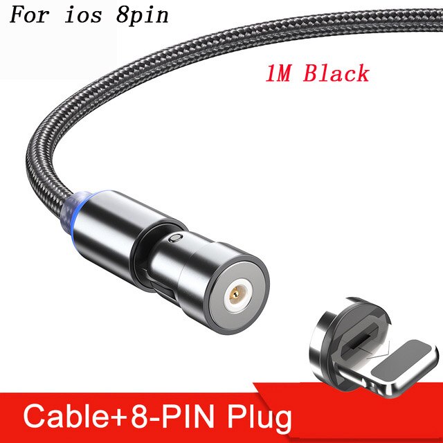 Cable magnético giratorio de 360 grados, Cable de carga USB tipo C, cargador magnético de carga rápida, Cable micromagnético giratorio de 540 grados: 1m Balck IOS 8PIN