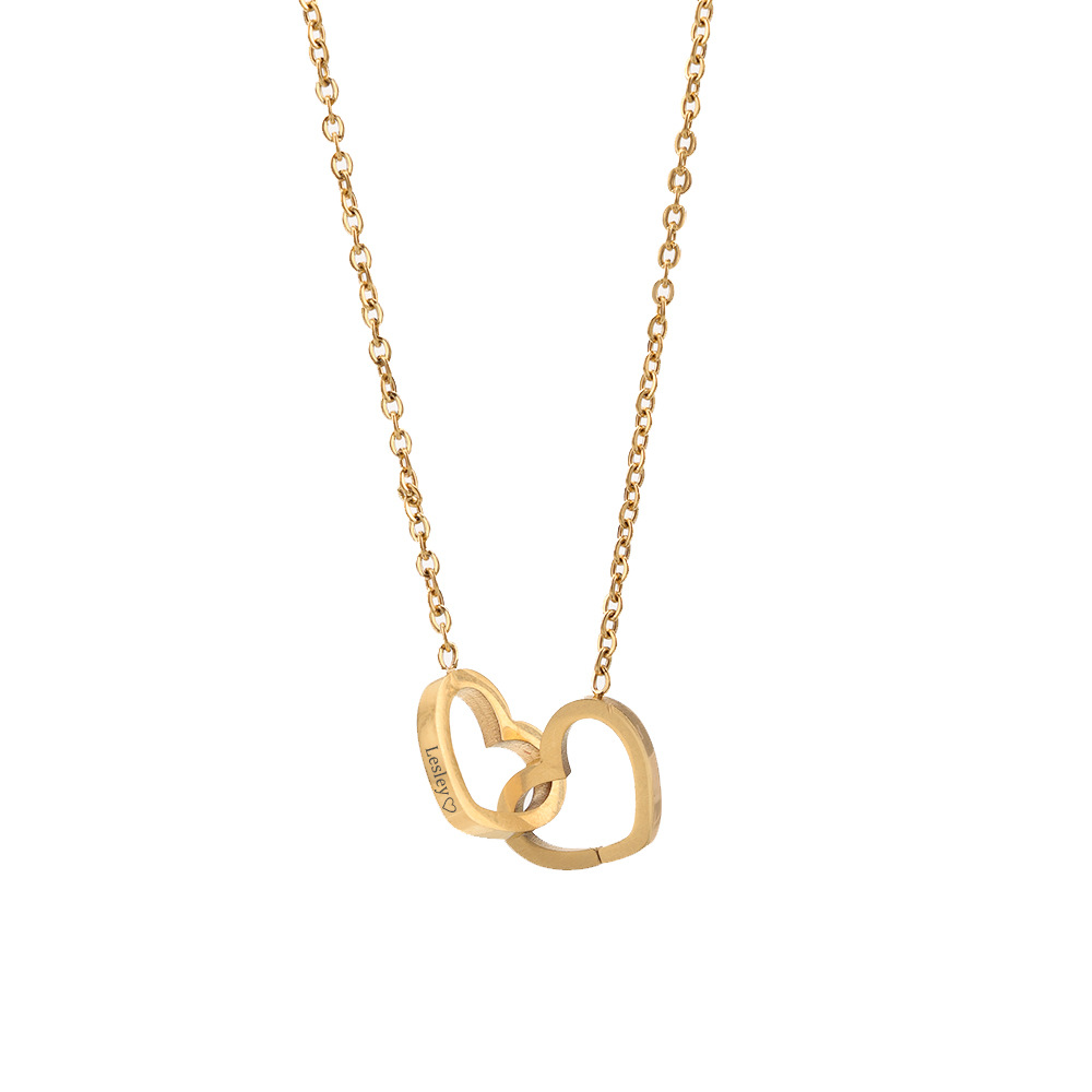 Collares con nombres grabados personalizados con colgante de 2 corazones de acero inoxidable a la Simple para novia y mujer: Negro / Color dorado