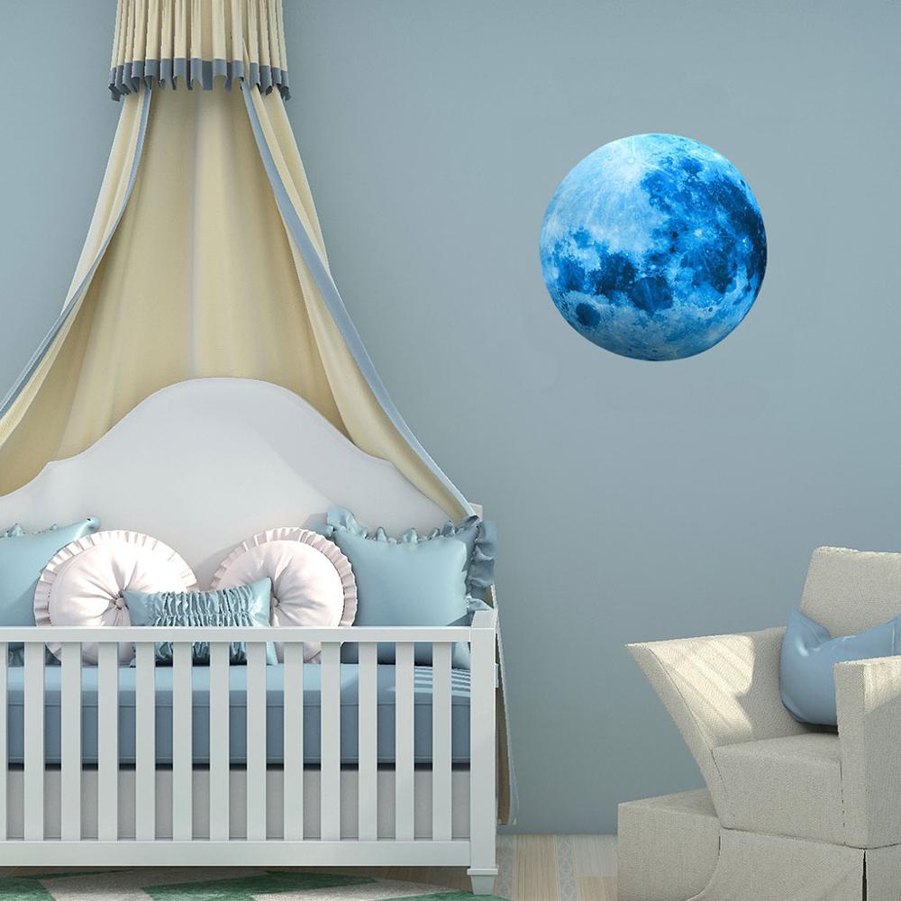 Pegatina de pared de Luna luminosa azul de 30cm, decoración para sala de estar y dormitorio, Mural para fondo de habitación de niños, calcomanías que brillan en la oscuridad para el hogar