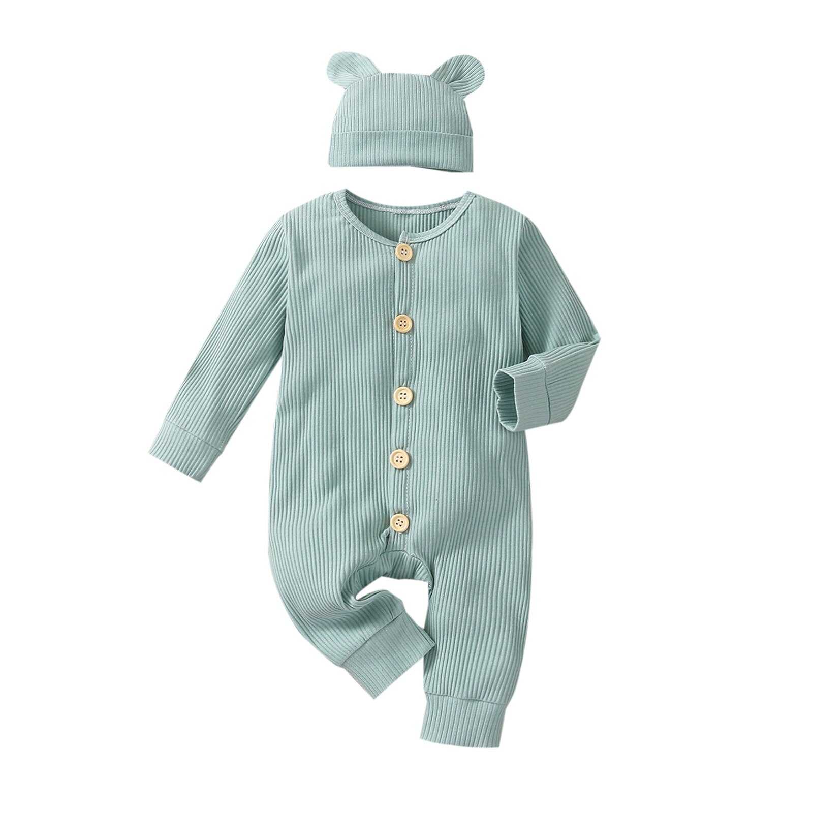 Infantil bebê meninas meninos macacão com chapéu, crianças cor sólida o-pescoço manga longa macacão + boné para outono de primavera, 0-24 meses: Green / 6 m