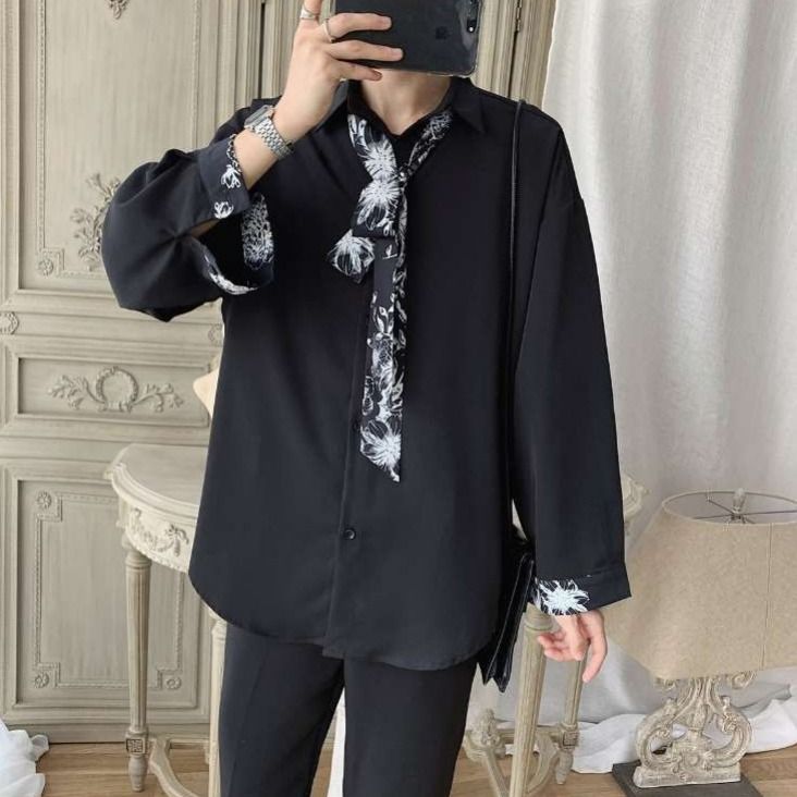 Herre skjorter patchwork solid forår koreansk stil chic fritid oversize herre outwear blødt langærmet all-match teenagere ins trendy bf: Sort uden slips / L