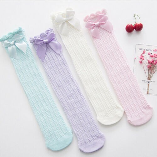 Toddler Kid Baby Girl Solid Cotton Over The Knee Bow Cotton Casual Stockings 28cm 38cm