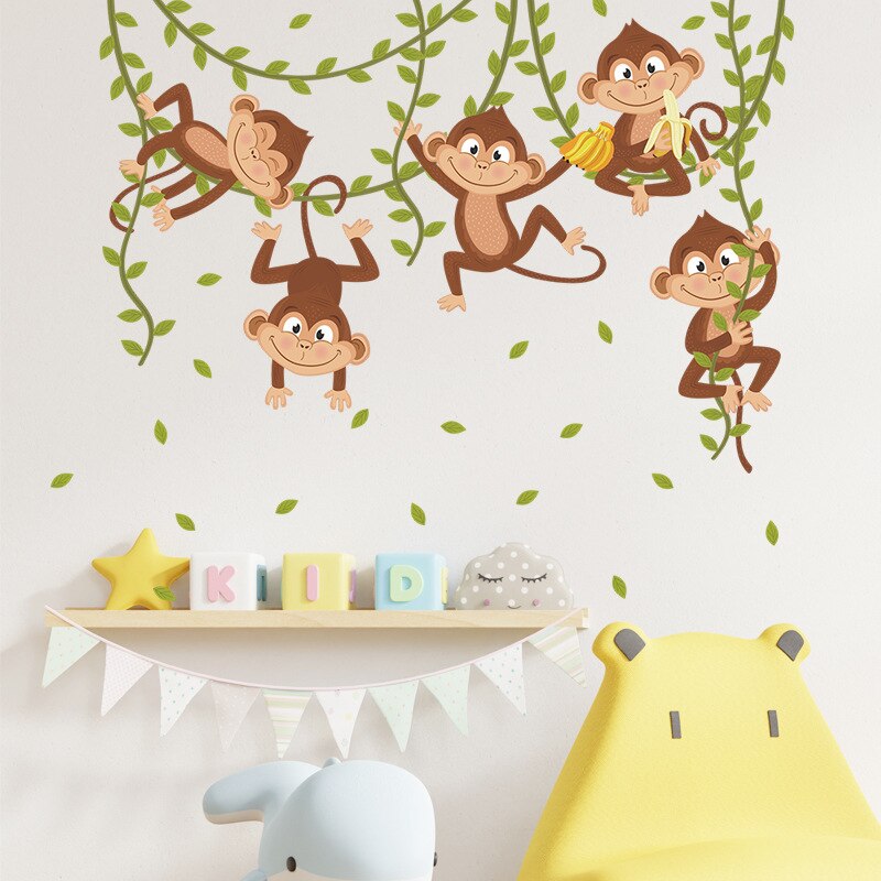 Cartoon 5 Apen Spelen Op De Groene Takken Bladeren Wijnstok Muurstickers Kinderkamer Decoratieve Stickers Kwekerij Muurstickers Decor
