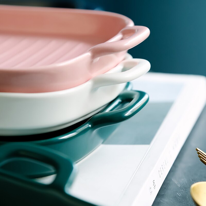 Nordic Ceramic Plate Rectangular Ceramic Plate with Handle Matte Satin Chassis Oven Baking Pan Western Roasted Wing Pan