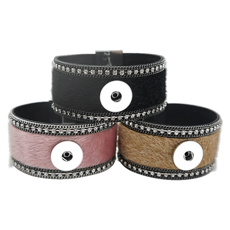 Se0205 rhinestone hestehår multi-farve læder armbånd tryk armbånd magnet spænde pasform 18mm tryk knapper tryk smykker
