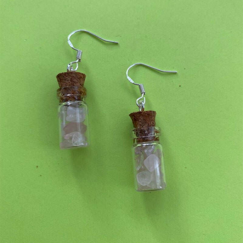 crystal glass bottle cork earrings silver quartz amethyst aventurine fairycore brincos feminino