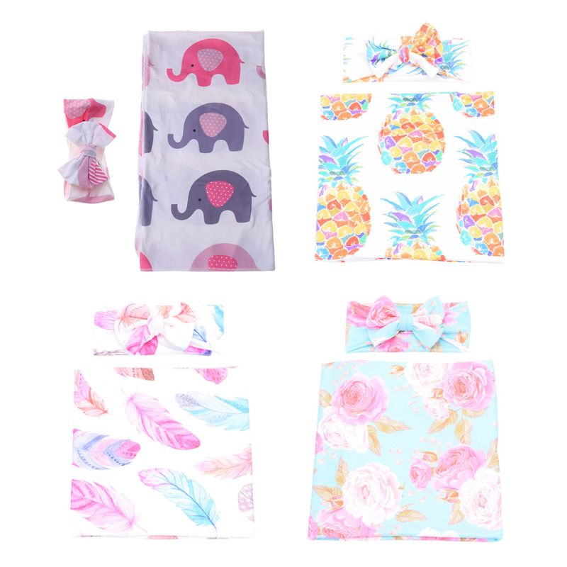 Manta para envolver con estampado de dibujos animados para niños pequeños, 2 uds., con lazo, diadema, banda para el pelo, Set para bebés