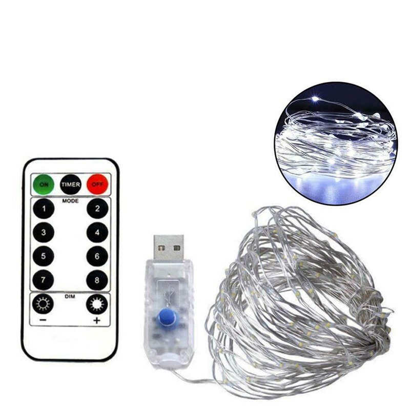 10M LED Copper Wire String Light USB Powered Remote Control 8 Modes Light String Fairy Lights Christmas Wedding Party Decoration: white / 10M 100LED