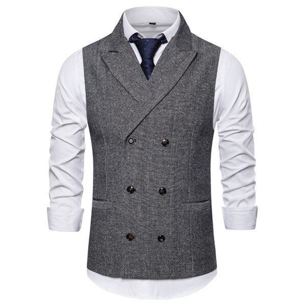 Herr formella dubbelknäppta västar klassisk kostym gilet homme slim fit kaffeväst män äktenskap chalecos para hombre: Ljusgrått / L