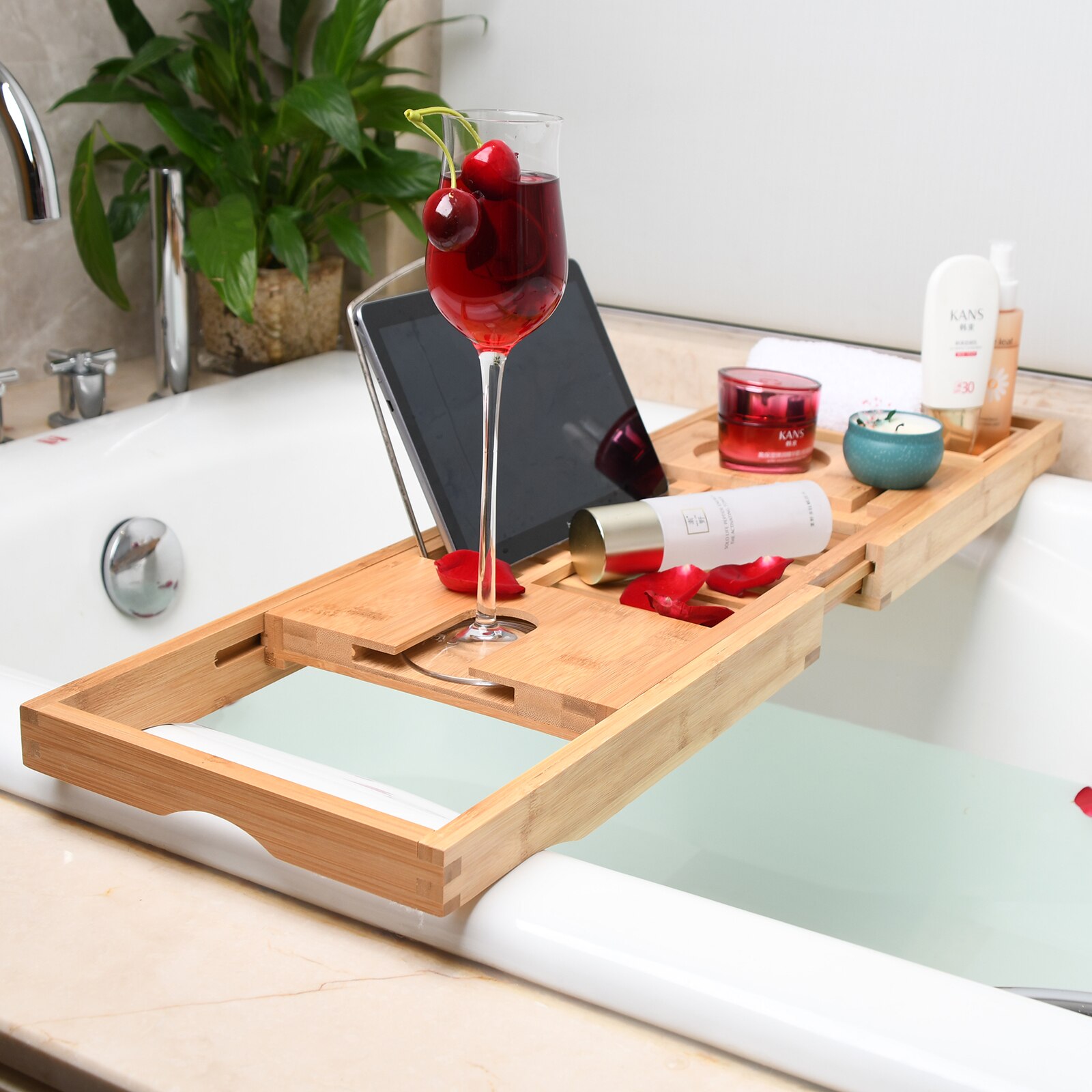 Bamboo Bathtub Tray Perfect Expandable Bathtub Caddy with Reading Rack or Tablet Holder, Bath Tray Includes a Wine Glass Holder