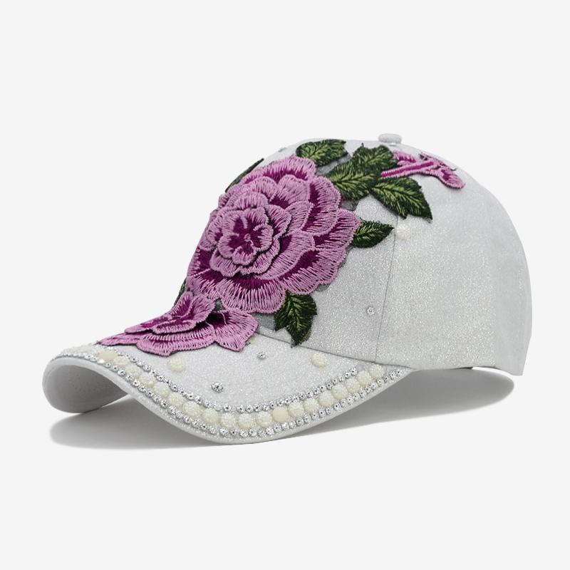 Cokk kvinders baseball cap broderi blomst perler snapback hatte til kvinde dame fest sommer sol hat kvinde cap gorras casquette: Hvid