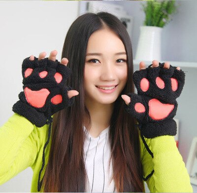 Cat Claw Gloves Winter Cute Cartoon Cat Girl Naked Gloves Thicker Fluffy Bear's Paw Half Finger Gloves: black