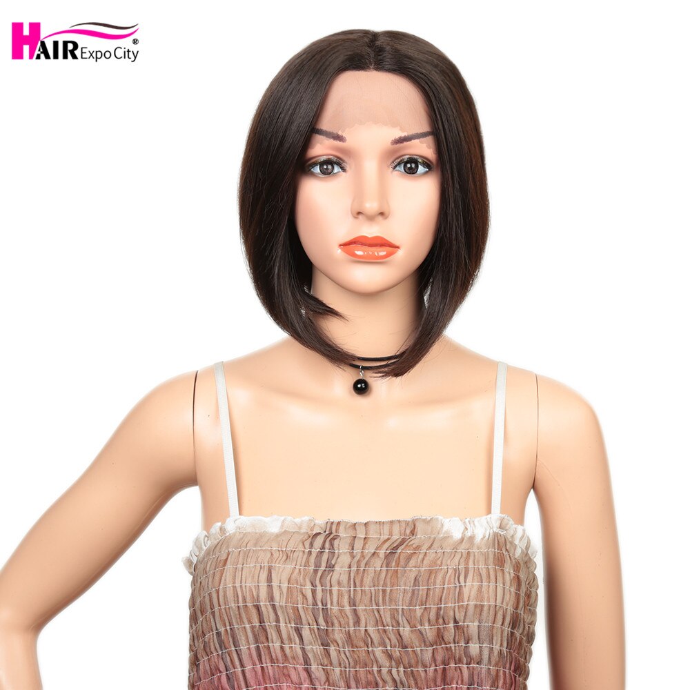 Peluca corta de pelo liso de 14 pulgadas con encaje frontal sintético, resistente al calor, con raya lateral y cabello negro, expo city.: Raquel 2