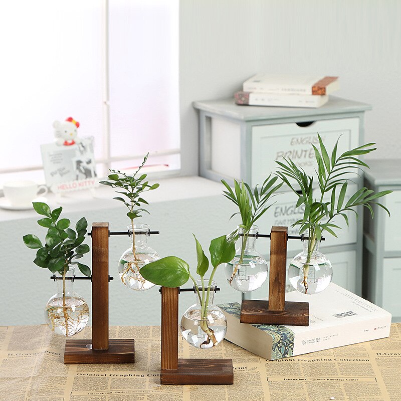 Jarrones de plantas hidropónicas para terrario, maceta Vintage, florero transparente, marco de madera, plantas de mesa de vidrio, bonsái, decoraciones para el hogar