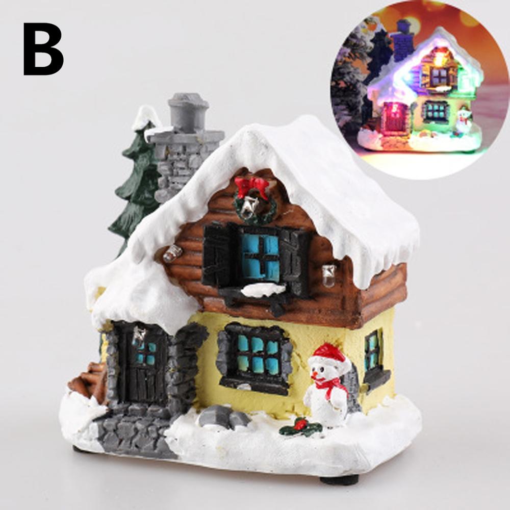 Christmas Scene Village House Resin Luminous LED Snow House for Home Winter Xmas Party Miniature Ornaments Decor: B