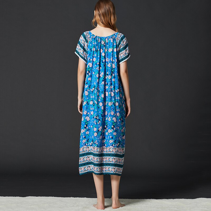 Lente Viscose Nachthemden Vrouwen Korte Mouw Bloemen Nachthemd Sleepshirt Ademende Zomer Thuis Jurk Gown Sleepdress Homewear