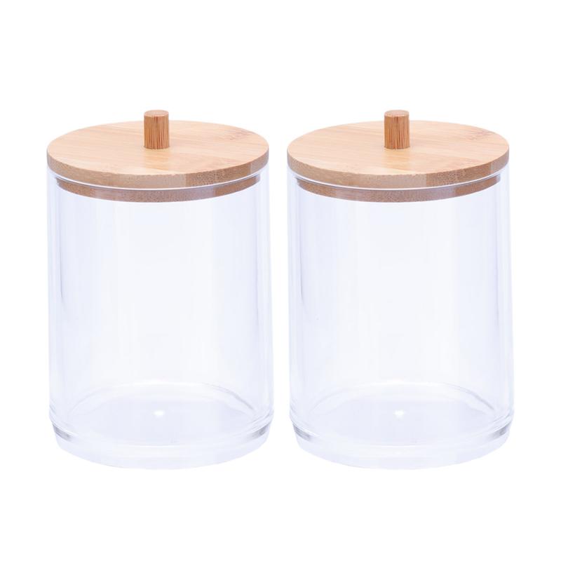 2 Stuks Transparant Wattenstaafjes Organizer Acryl Opslag Jar Cilinder Dispenser Houder Met Bamboe Deksel Voor Badzout Haarband