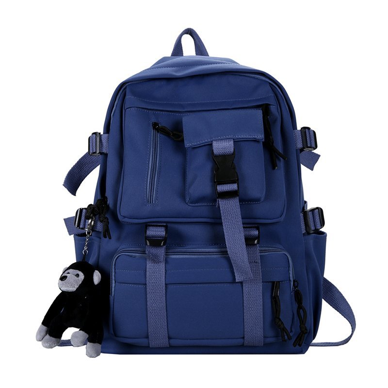 Mochila negra de estilo Preppy para hombre y mujer, morral de nailon impermeable con múltiples bolsillos, bolso de hombro para adolescentes: Azul / keychain charms