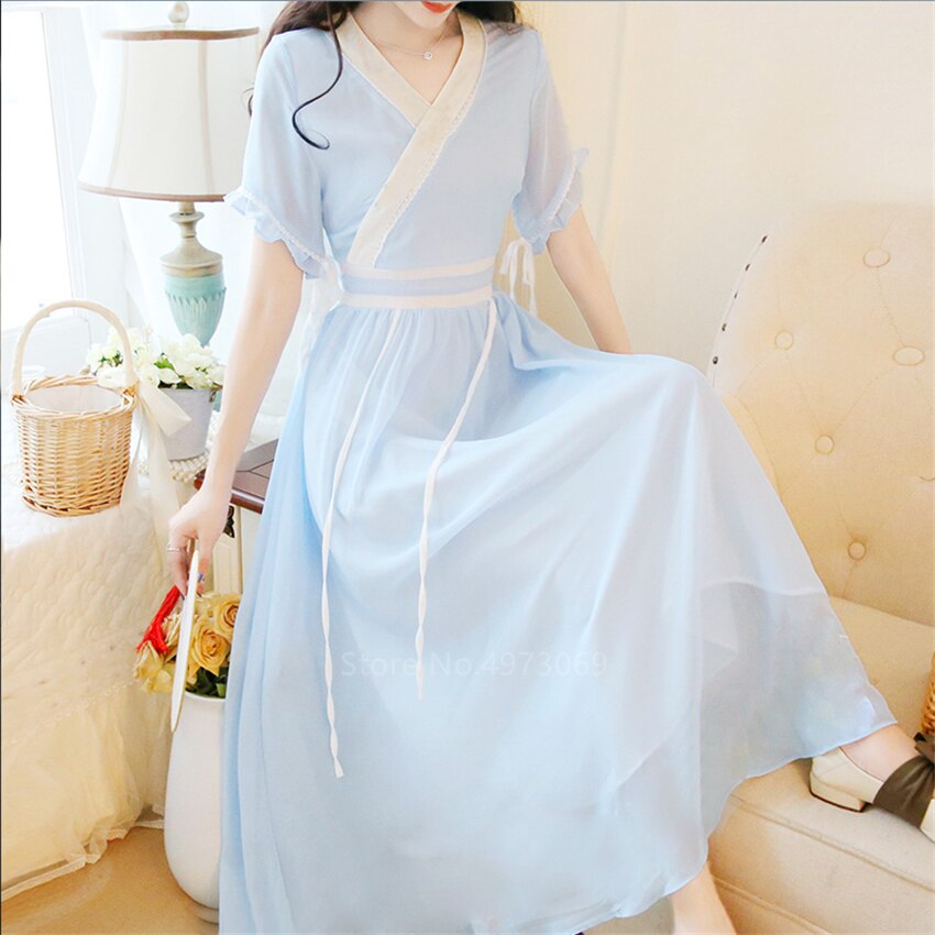 Women Japanese Kimono Summer Chiffon Dress Retro Lace Fancy Yukata Haori Girls Kawaii Pink Party Vestidos Asian Clothes