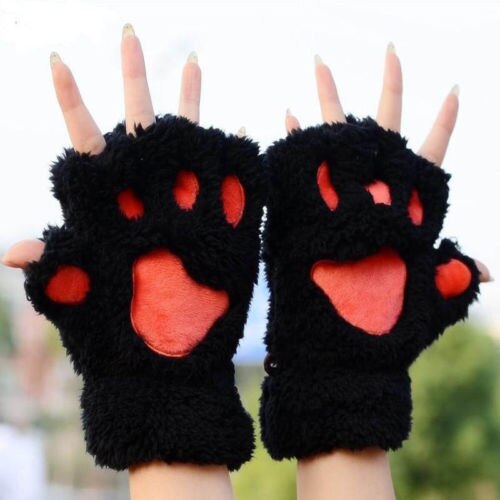 Guante de felpa de garra zarpa de gato para mujer, cálido, para invierno, guantes de medio dedo, guantes de mujer: Black