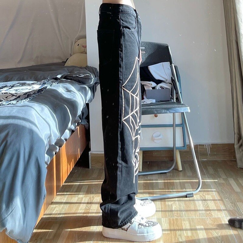 Mingliusili  y2k denim housut naiset kevät high street laukkufarkut oversize streetwear e girl print mustat housut