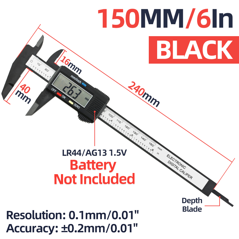 Pied à coulisse numérique électronique en plastique, Vernier, jauge d&#39;épaisseur, règle micrométrique, outils de mesure, Instrument, tachymètre: Caliper Black 150