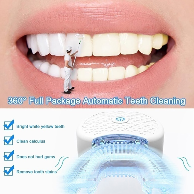 Elektrische Tandenborstel U Type Automatische 360 Graden Sonic Siliconen Tandenborstel Usb Oplaadbare Blauw Licht Tanden Schoner