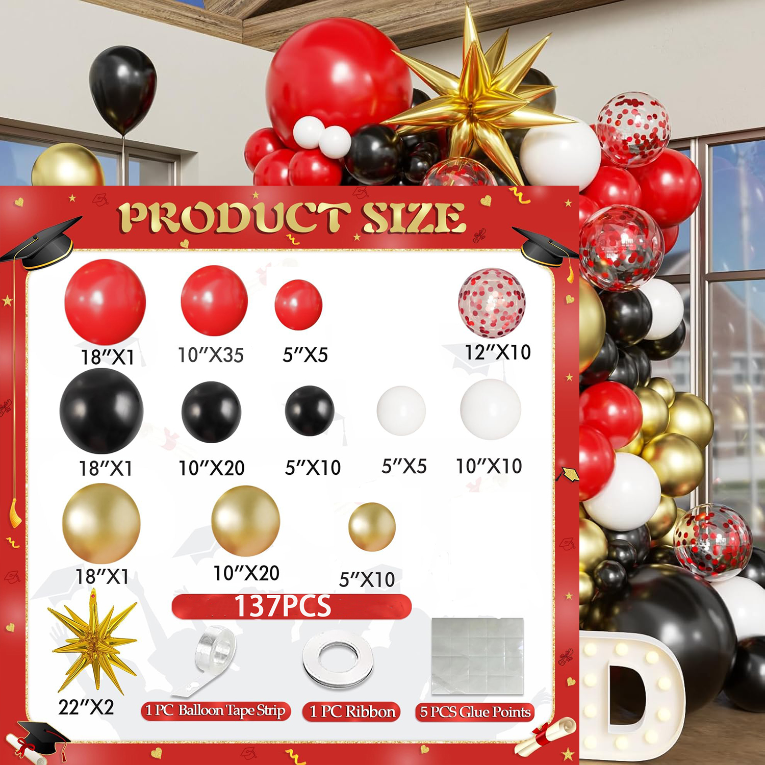 El juego de arco de globos de graduación incluye decoraciones de arco de globos azul, blanco y dorado, adecuadas para decoraciones de clase de 2025: Rojo