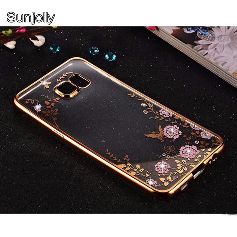 Sunjolly Flower Soft TPU Phone Case Rose Gold Bling Rhinestone Cover coque fundas for Samsung Galaxy A5 A7 J2 Pro J3 J4 J6