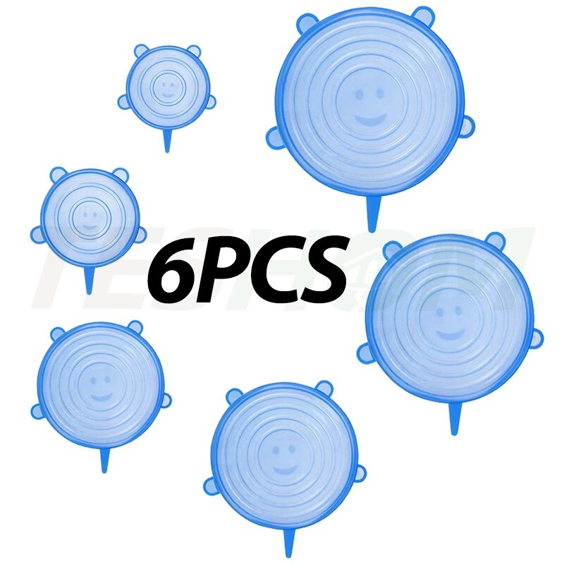 6 stuks/set siliconen rekdeksels universele deksel siliconen kom pot deksel siliconen deksel pan koken voedsel vers deksel magnetron deksel: Blauw