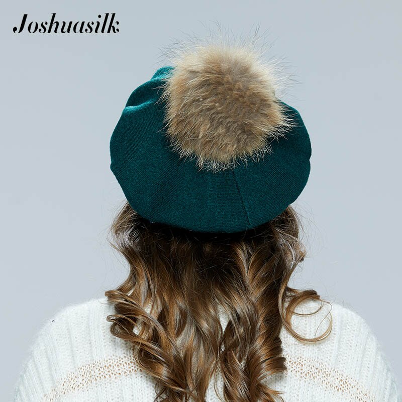 JOSHUASILK-gorro de lana de punto para mujer, boinas con hebilla de pellizco, decoración de POM mapache, sólido, otoño e invierno,