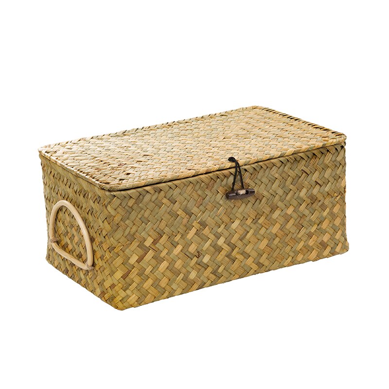 Wicker Basket Natural Seagrass Storage Basket with Lid Handwoven Storage Box Rattan Sundaries Organizer Multipurpose Container: Yellow / 33X22X15CM