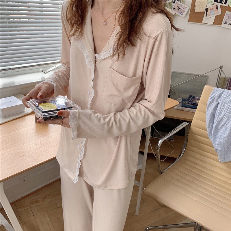 XIFER Pure Cotton Women Pajamas Autumn Style Ruffled Pajamas Long-sleeved Trousers Korean Home Service Two-piece Suit Women: D