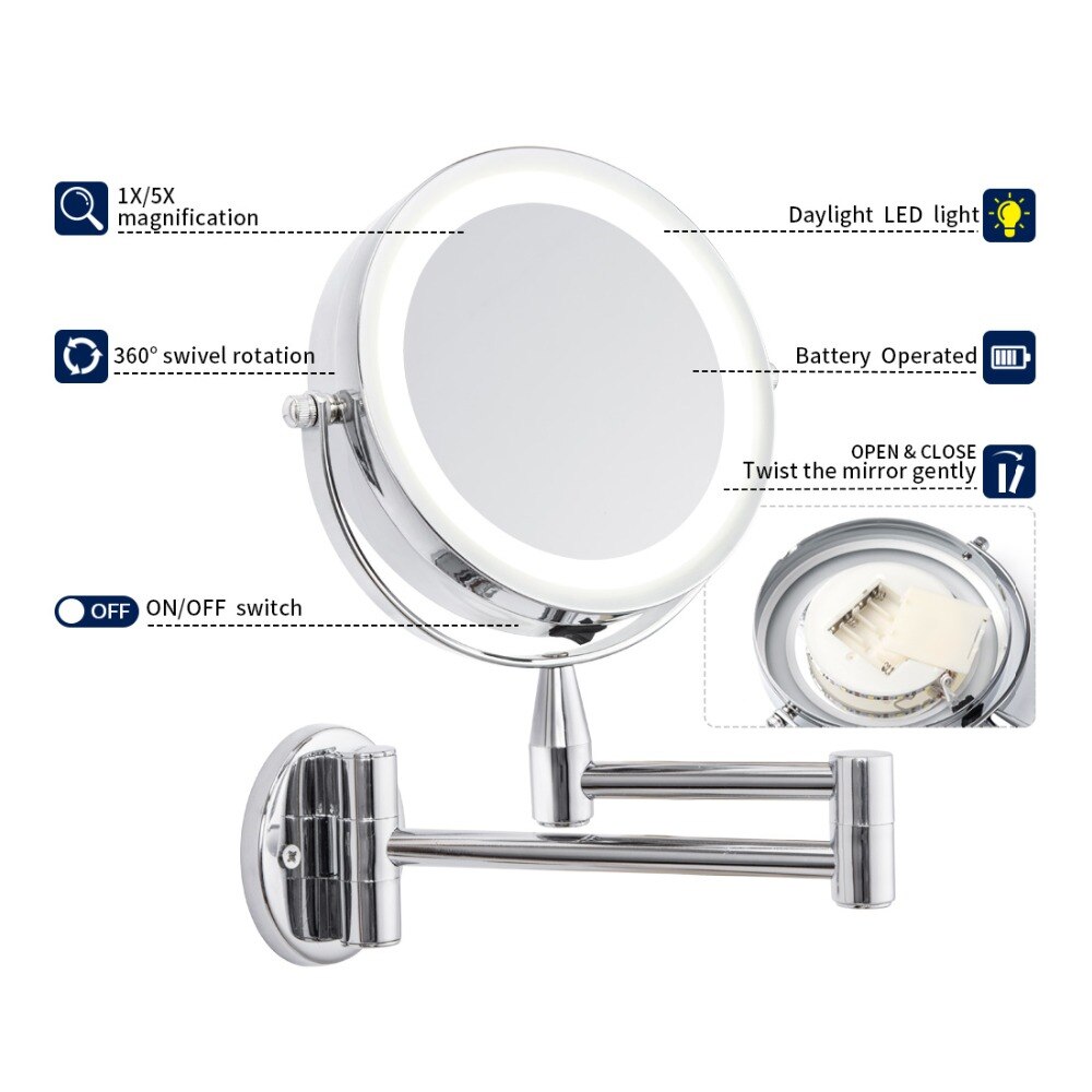 Badeværelse ledet makeup spejl 1x/3x 5x 7x forstørrelse vægmonteret justerbart arm spejl dobbelt arm udvide 2- ansigt kosmetiske spejl