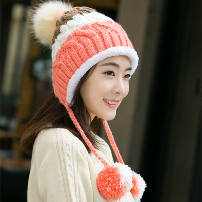 Bingyuanhaoxuan ompelemalla neulottu hattu naisille sekoitettu pallo riippupallo talvilippikset tytöille paksut puuvillahatut aikuisten syyshattu: Vaaleanpunainen