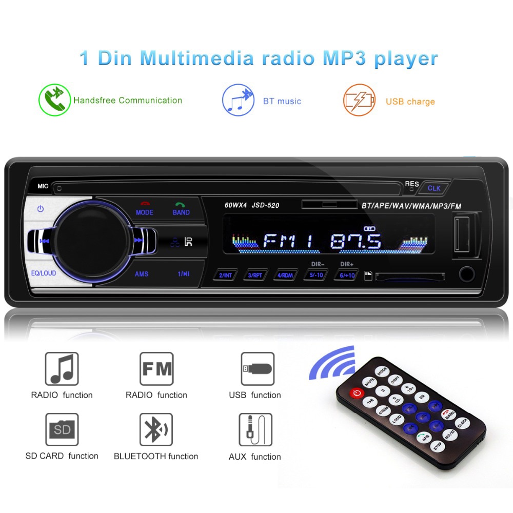 Bluetooth V2.0 JSD-520 oto teypleri auto Stereo Autoradio autoradio 1din 12 V In-dash 1 Din FM Aux SD USB MP3 Auto audio Speler