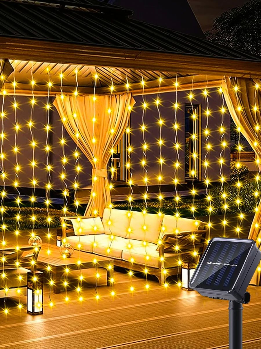 1 paquete de 300 luces LED de cortina solar para exteriores, 8 modos, luces de hadas, IP44 impermeable, decoración navideña de pared de jardín 9,8 pies x 9,8 pies: Color blanco cálido / 300 W