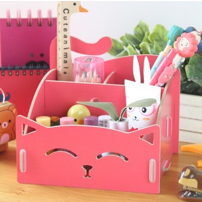 Penholder Wood Cosmetics Receiving Box Cute Cat Penholder Note Box Penholder Receiving Penholder: Watermelon Red