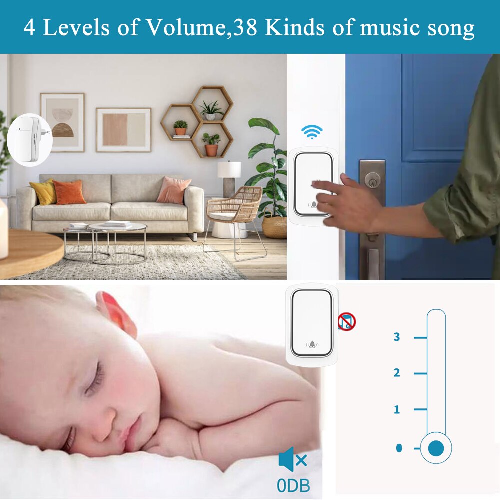 Waterproof Wireless Doorbell Outdoor Remote Doorbell No Battery Kinetic Ring Bell 220V,38 Melody,EU PLUG for Home,Apartment Door