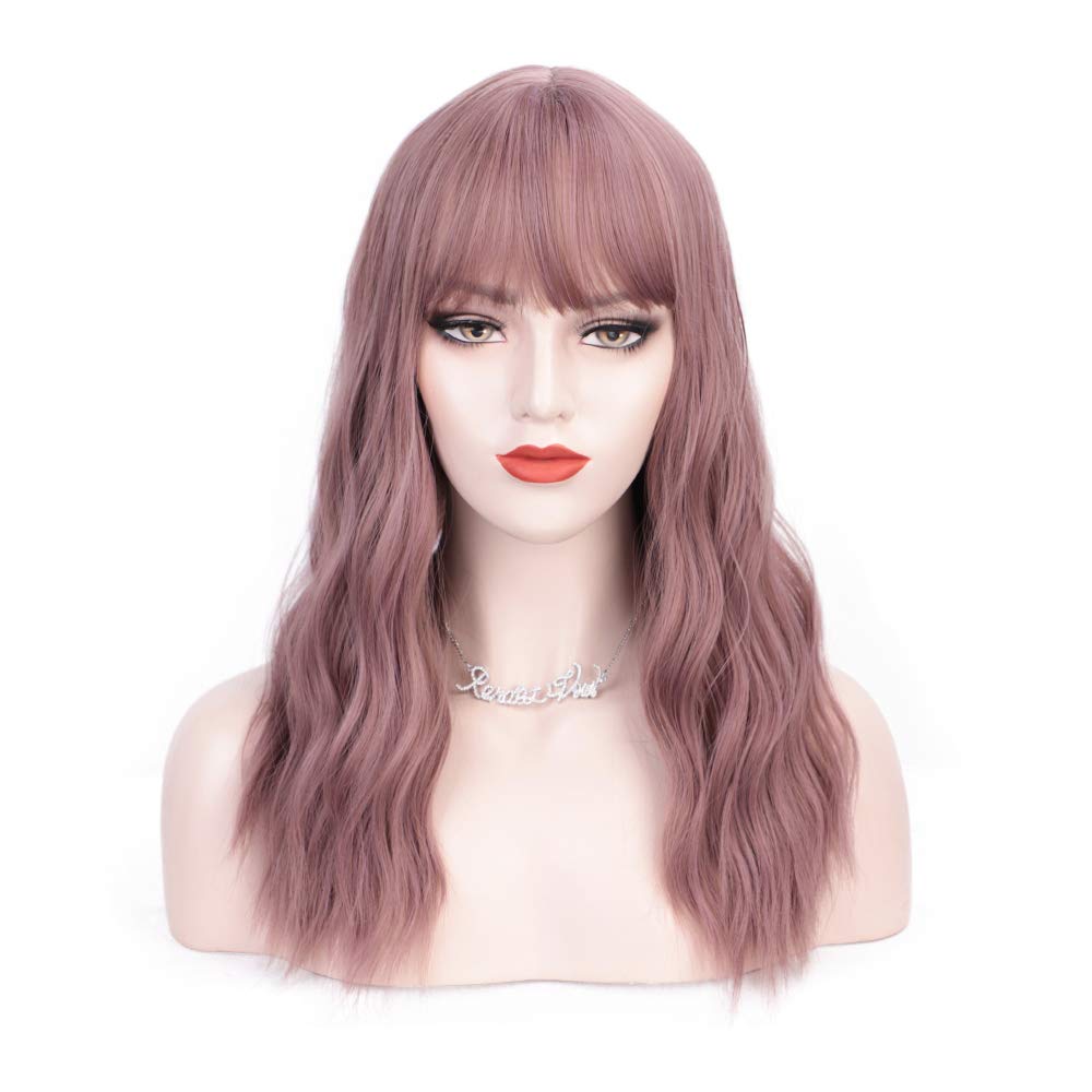 Peluca de ondas naturales gloriosas estampada, peluca rosa con flequillo, pelucas de pelo largo sintético para mujeres, pelo de fibra resistente al calor de alta temperatura: pink