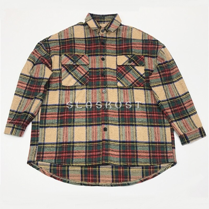 Vinter khaki plaid tyk flannel skjorte patched lommer langærmet beskåret arbejdstøj streetwear